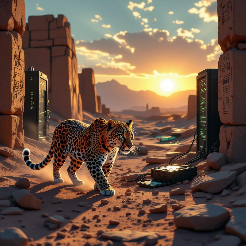 Leopard With Hieroglyph Fur in Desert Ruins