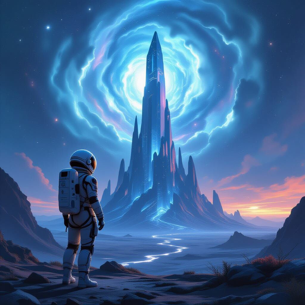 Astronaut Explores Colossal Crystalline Alien Structure