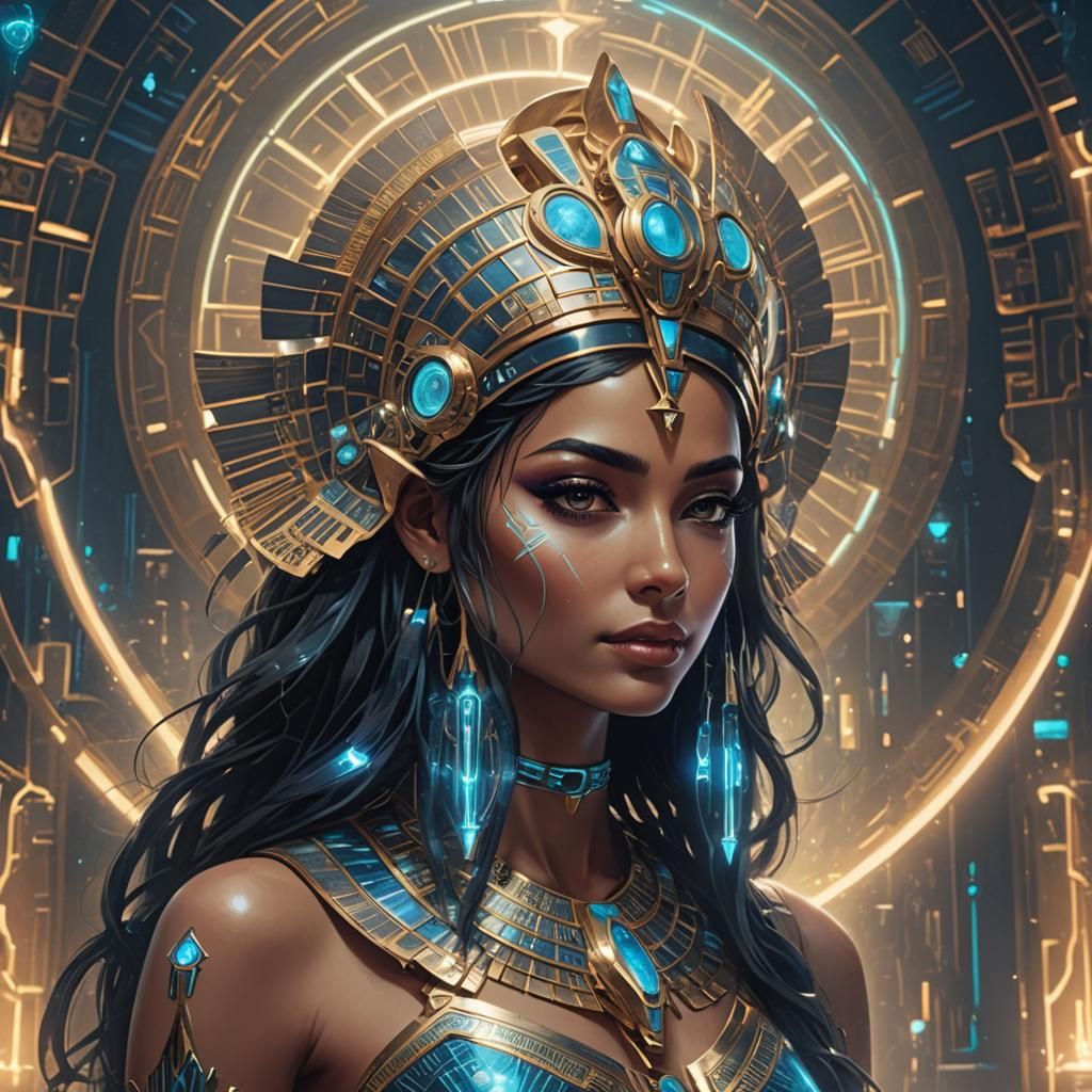 Futuristic Egyptian Goddess with Bioluminescent Tech