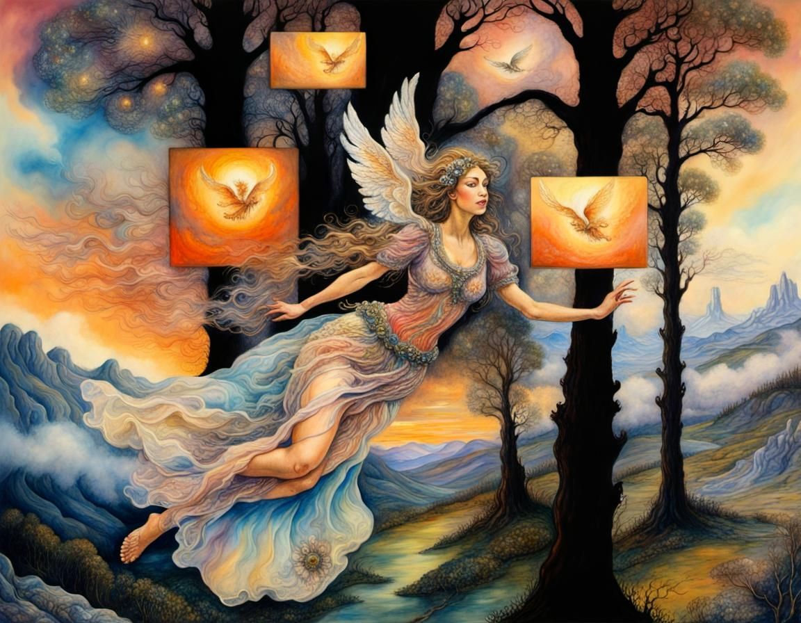 Woman Flying: A Surreal Mixed Media Painting