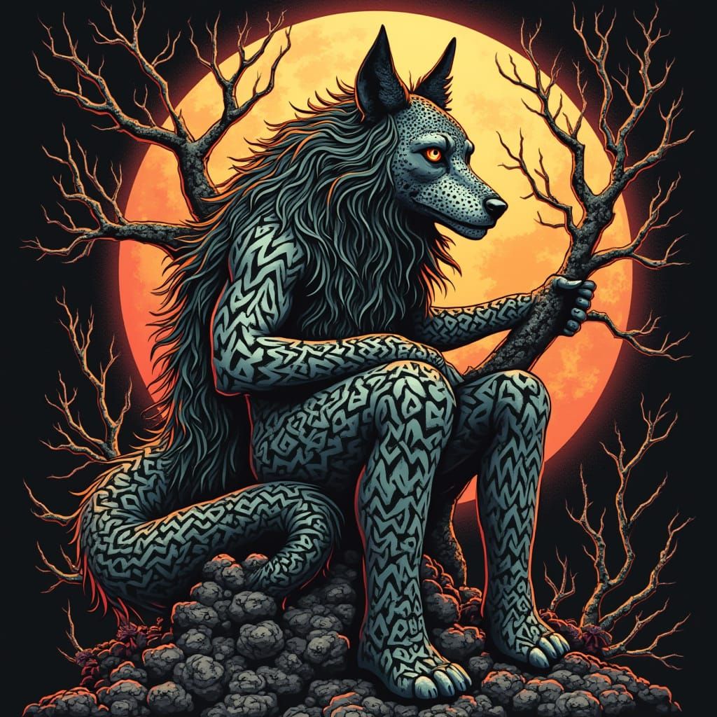 Geometric Wolf with Moon and Trees