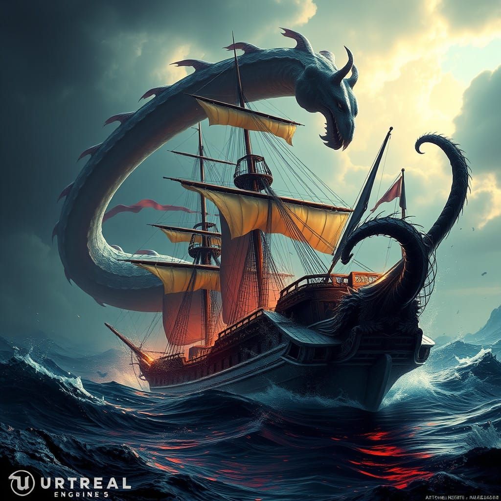 Epic Fantasy Naval Clash in Deep Colors