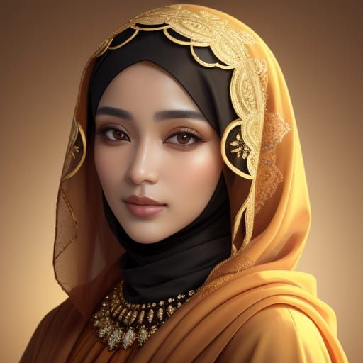 Woman in Gold-Shot Apricot Hijab: Vibrant Oil Painting