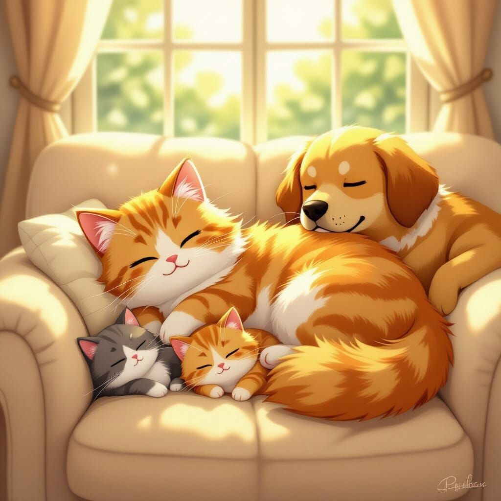Cute Anime Cats & Dog Sleeping on Couch