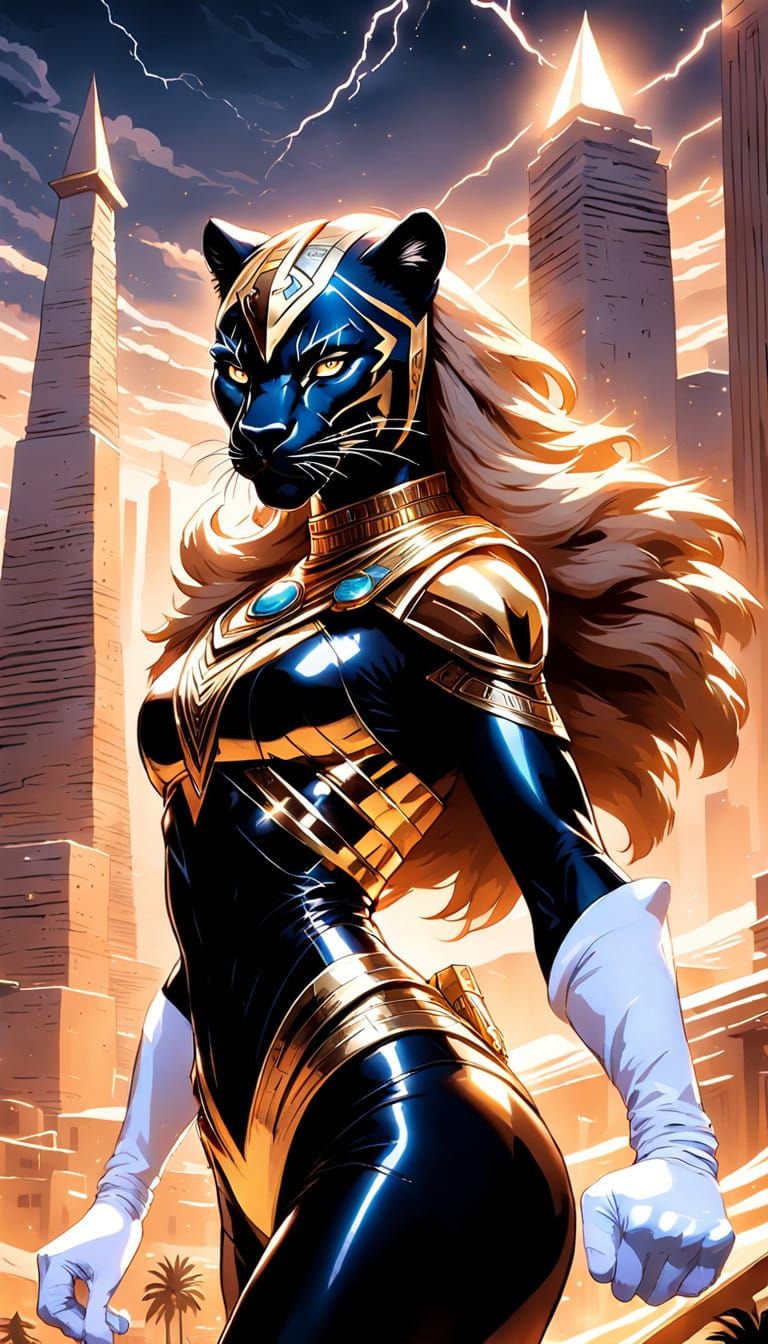 Giantess Panther Goddess charges through the Desert City