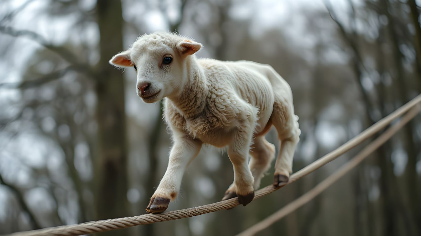 nervous lamb walks on a tight rope