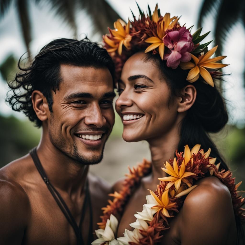 Smiling Polynesian Couple Portrait with Tropical Flowers