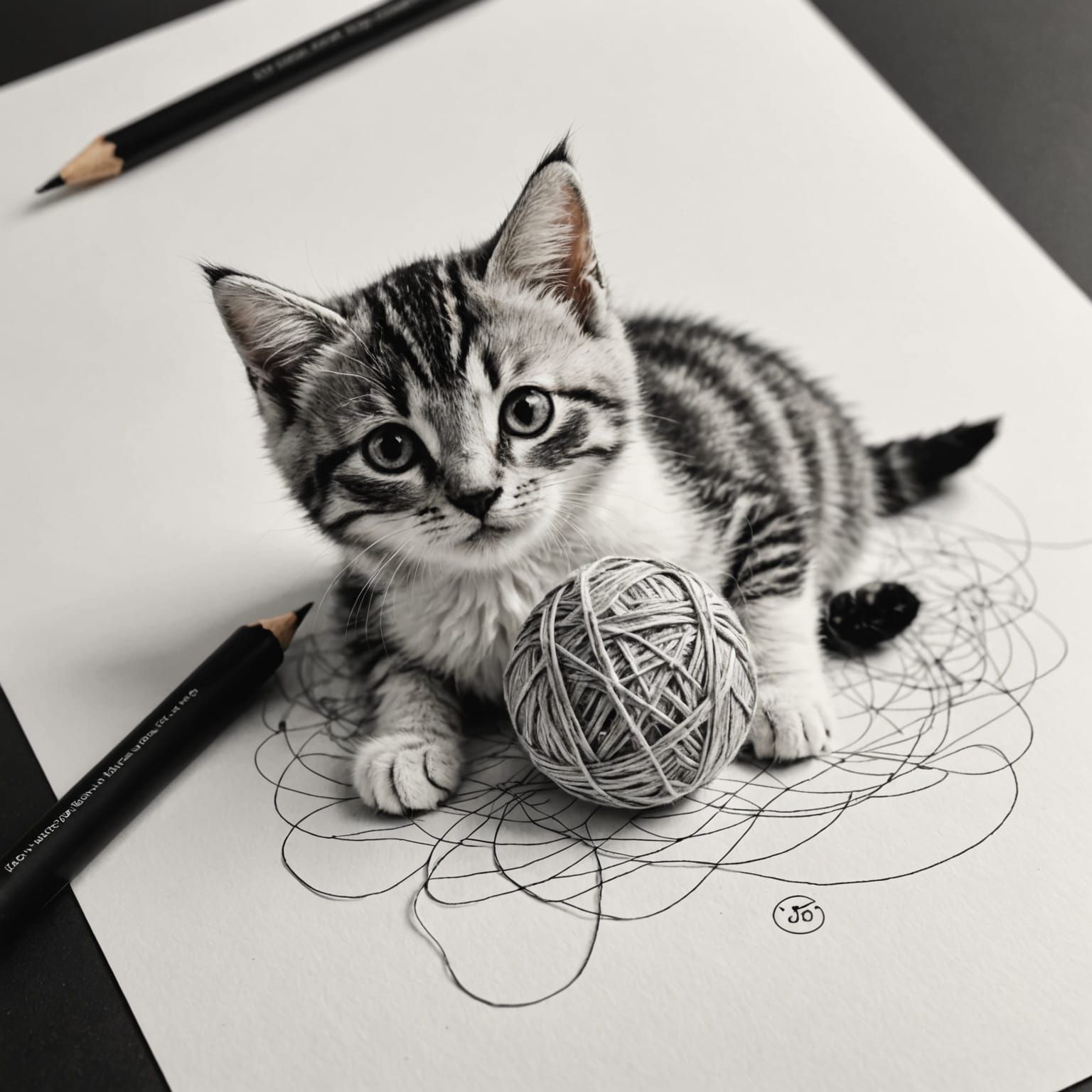 Delicate Ball of Yarn Drawing with Kitten
