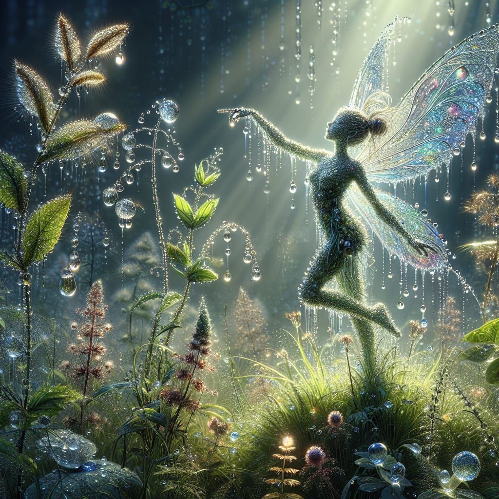 Ethereal Raindrop Fairy in Glistening Meadow