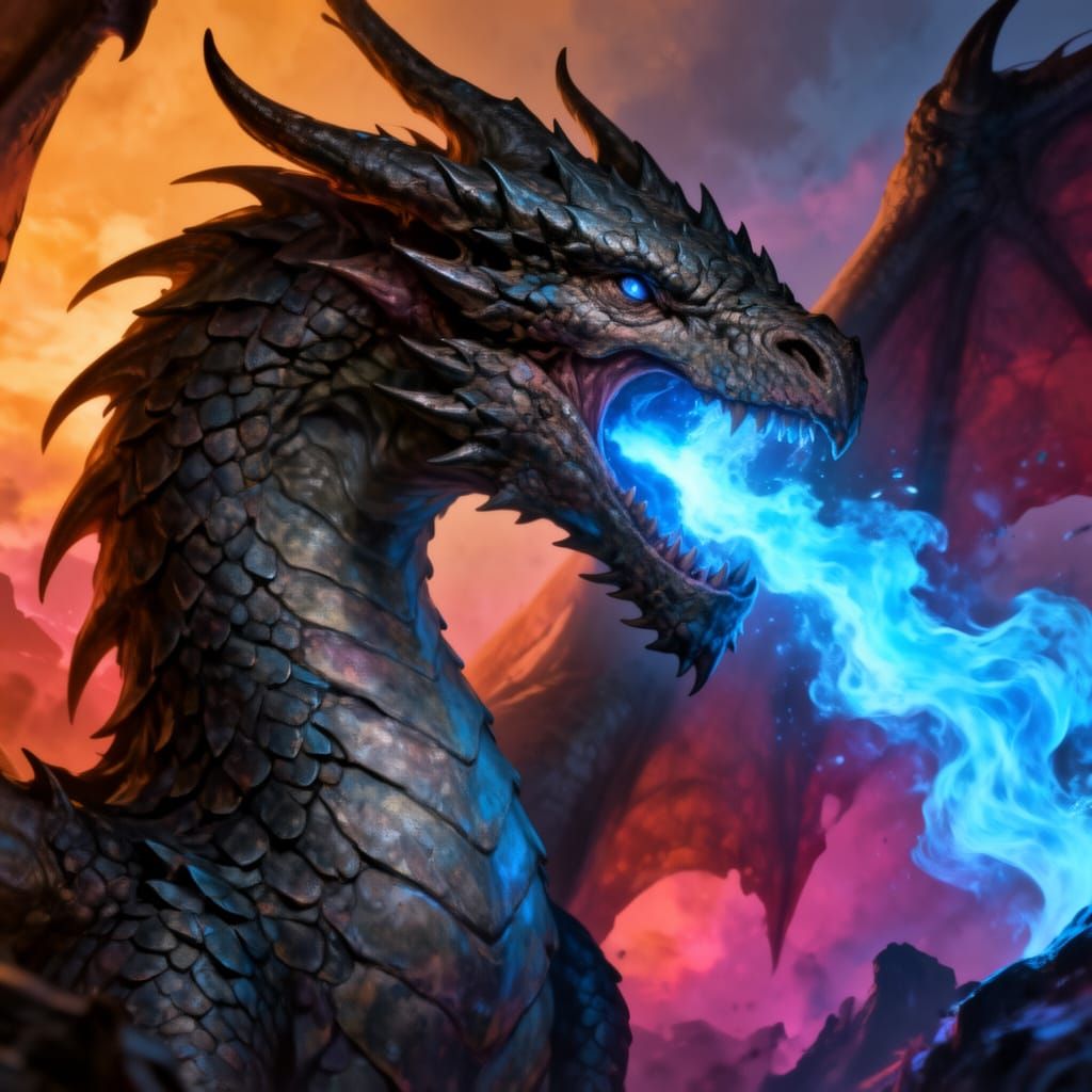 Majestic Dragon Breathes Vibrant Blue Fire