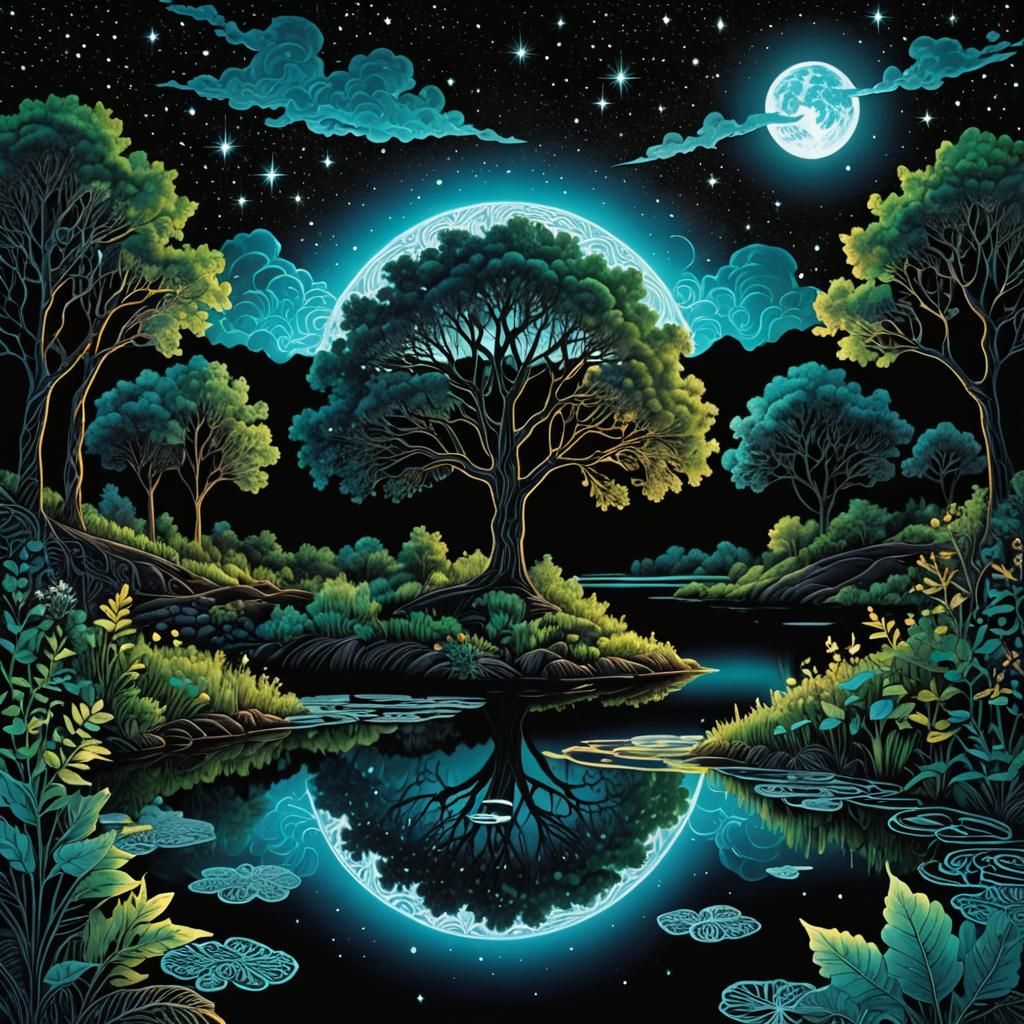 Bioluminescent Oasis with Zentangle Clouds and Starry Sky