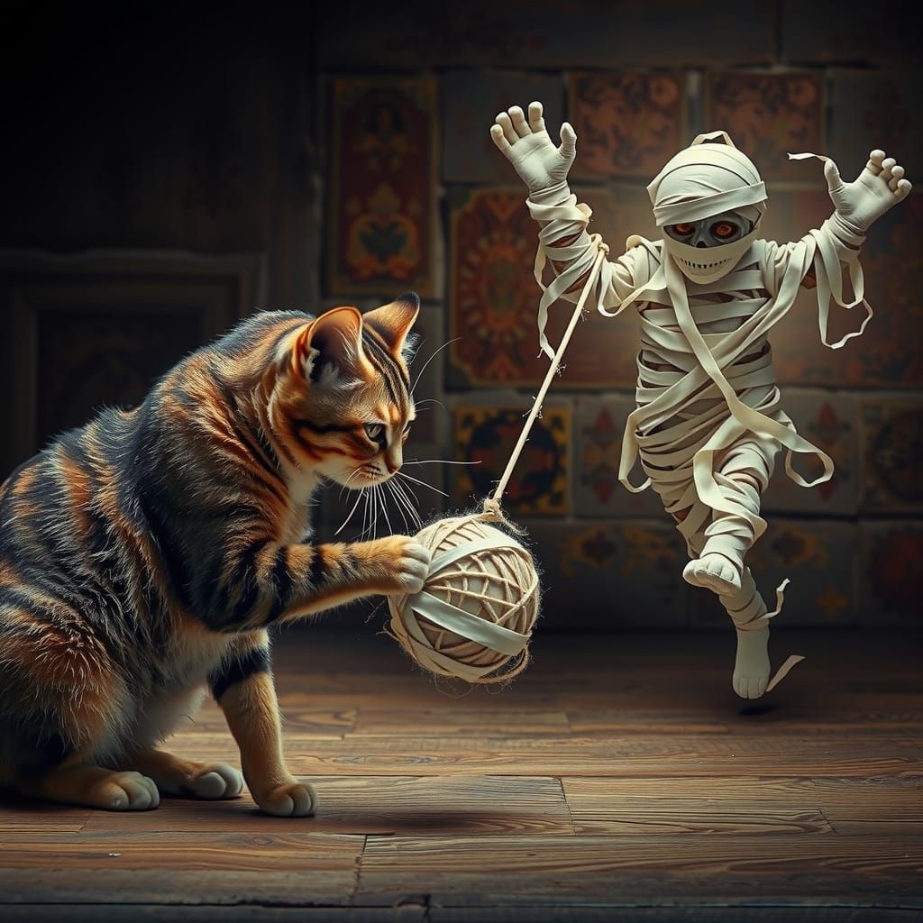Surreal Feline Encounter with a Fleeing Mummy in Hyper-Reali...