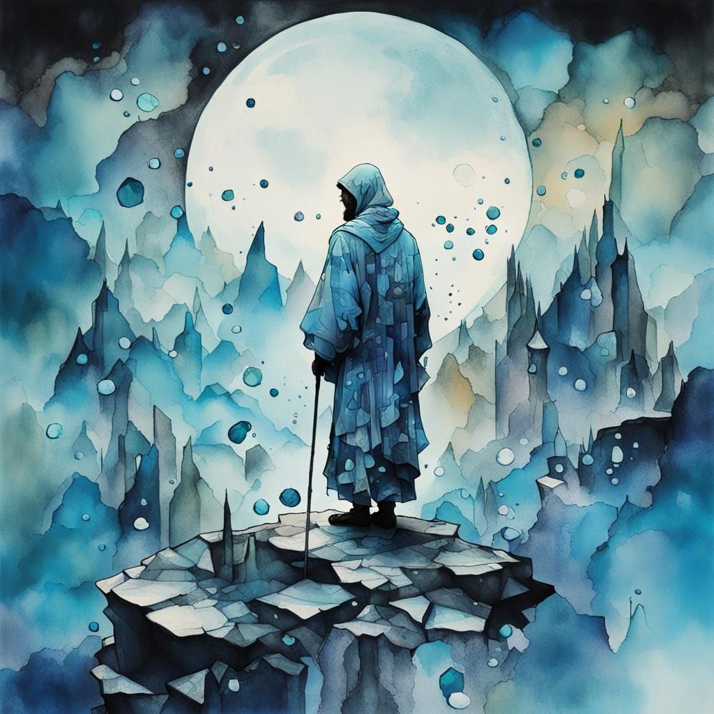 Mysterious Traveler Above Ink Rivers as Ink Painting