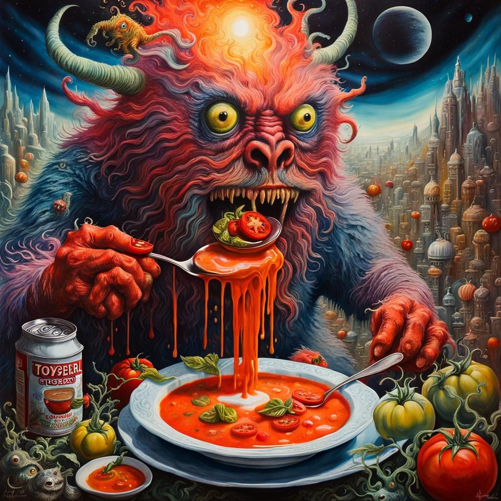 Monster's Surreal Tomato Soup Feast in Watercolour