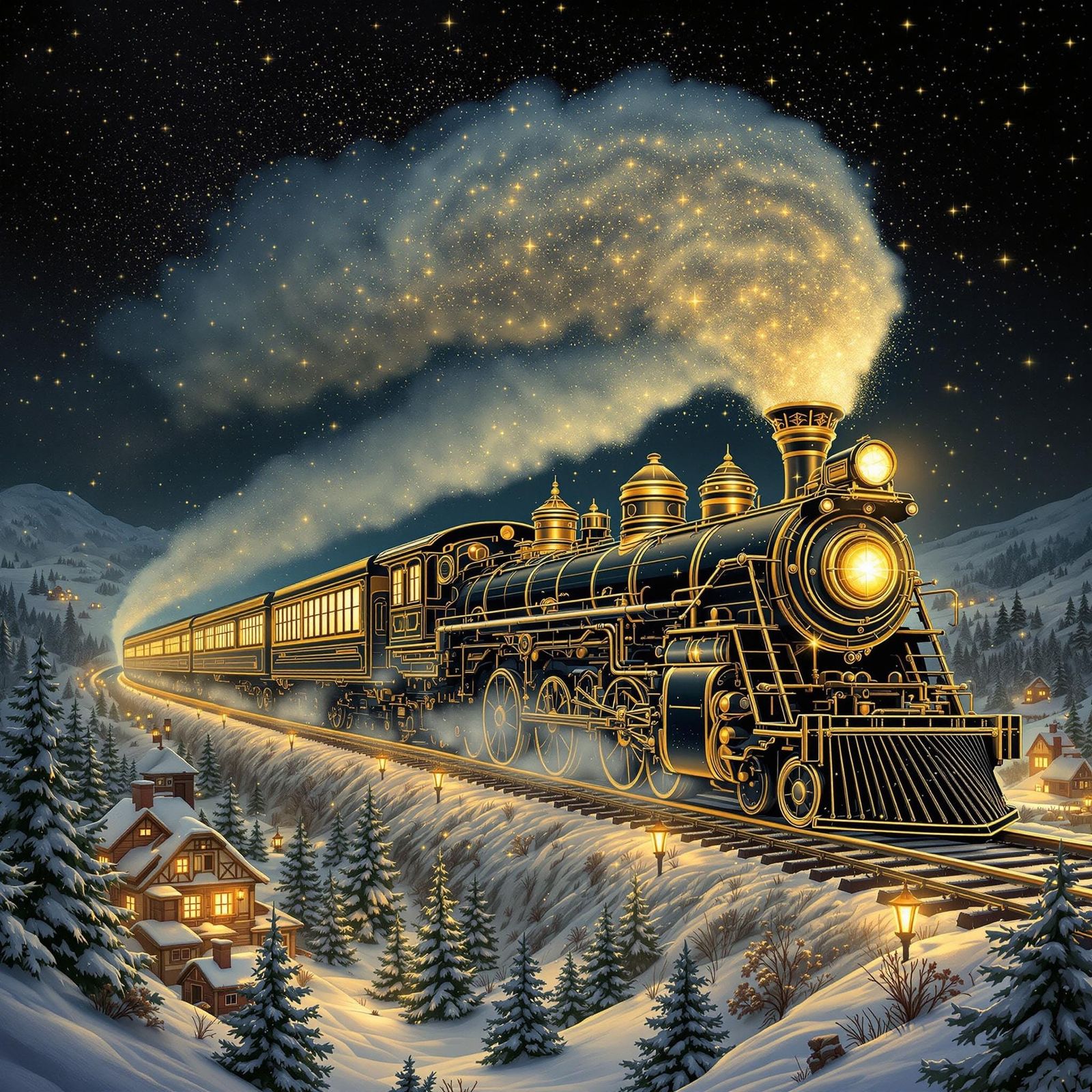 Whimsical Steam Locomotive Soaring Through Starry Night