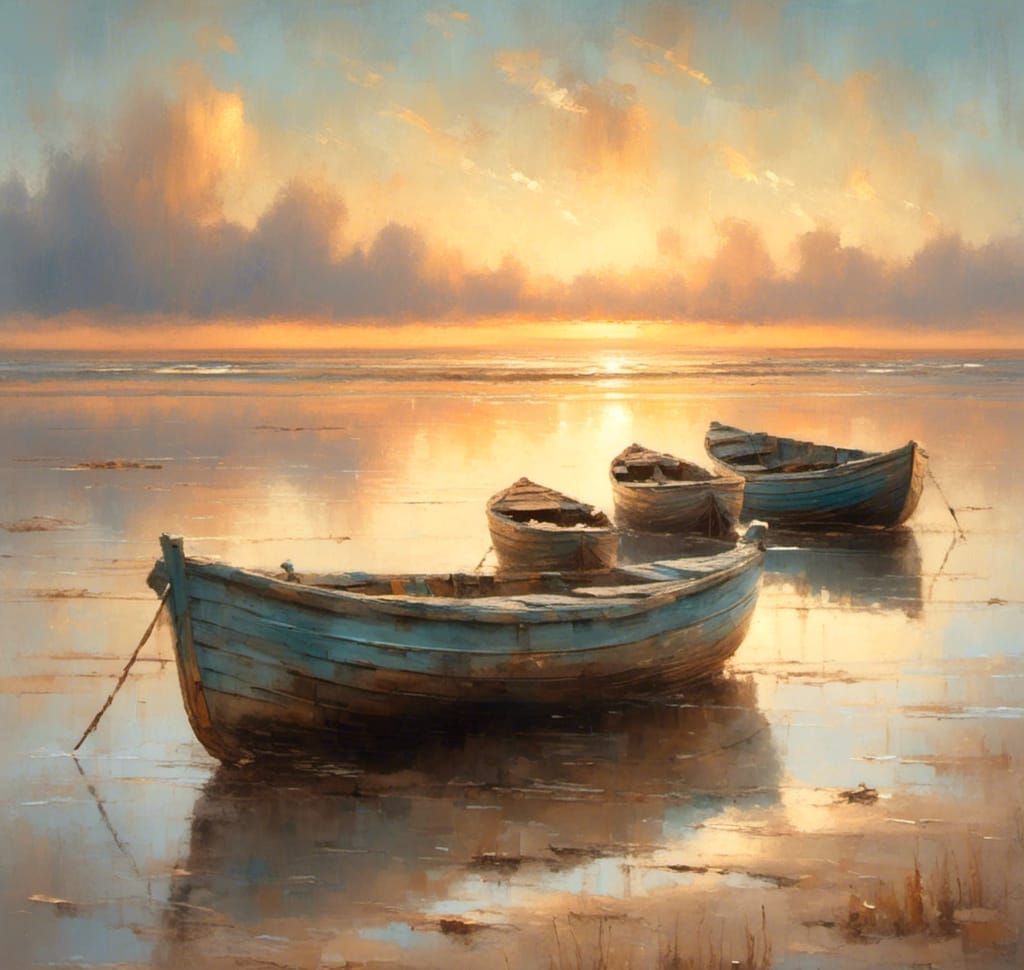 Coastal Sunset with Old Boats: Golden Hour Serenity