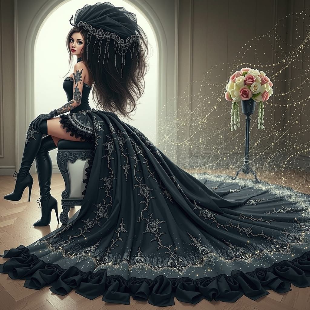 Goth Bride in Elegant Black Wedding Attire with Twinkling Tr...