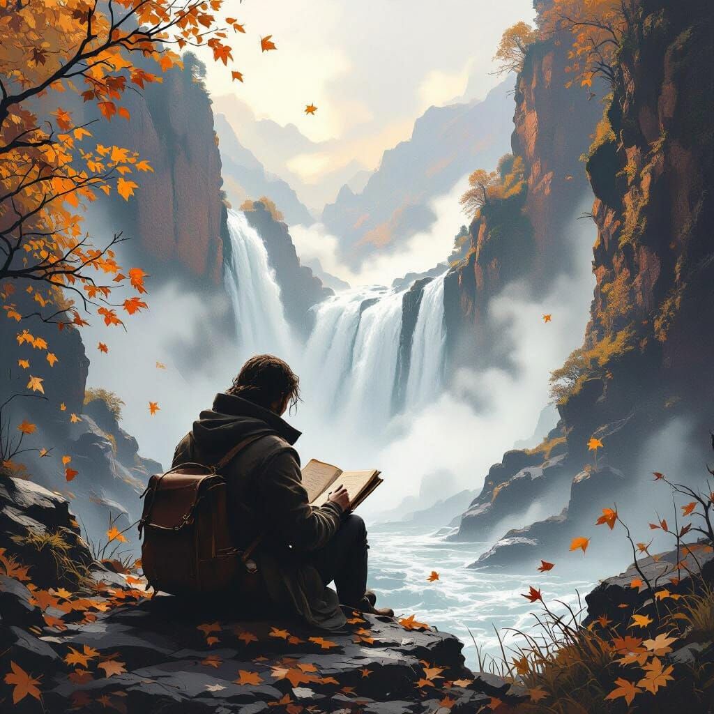 Traveler Sketches Autumn Mountain Cascade in Soft Light