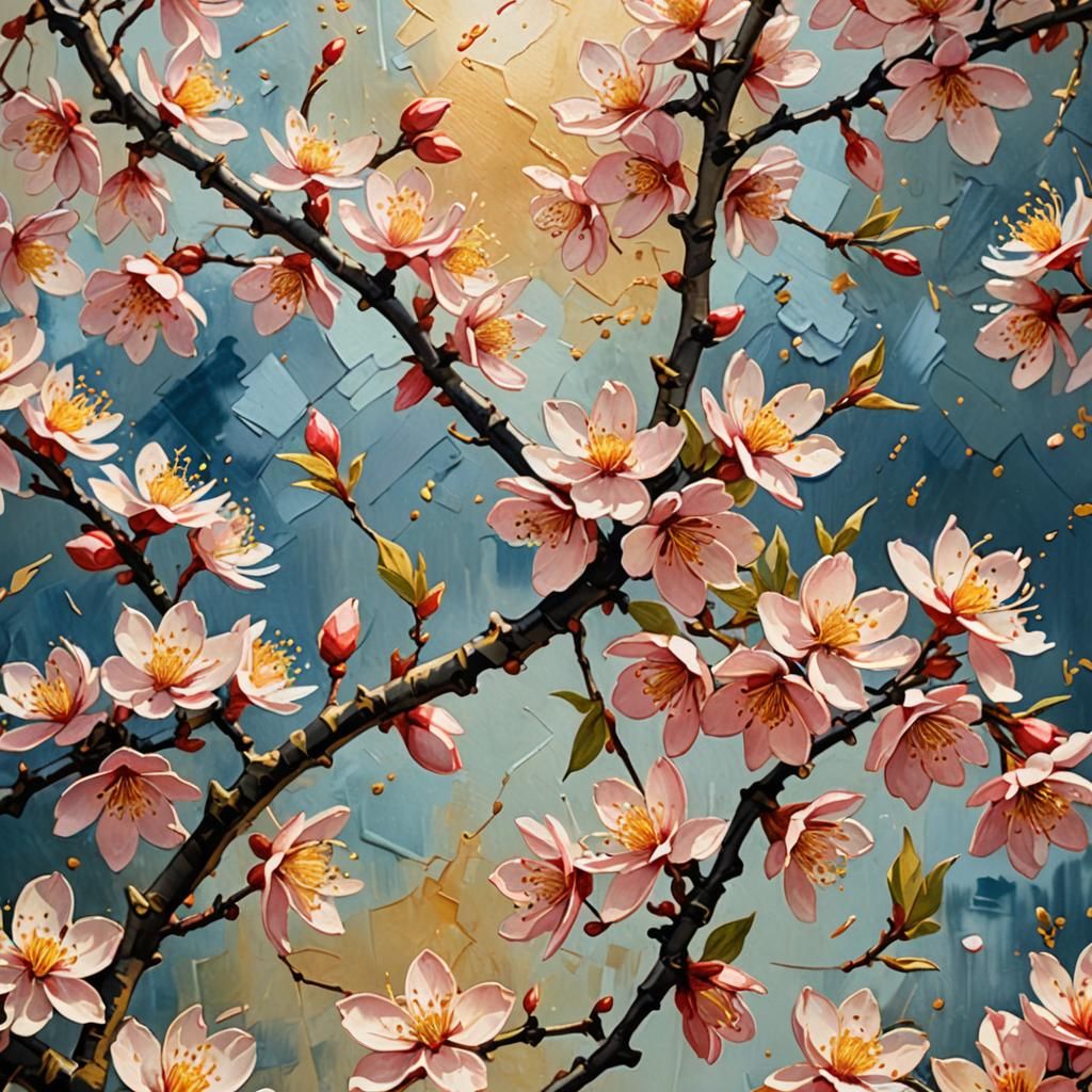 Japanese Cherry Blossoms in Gouache Style: Maximalist Master...