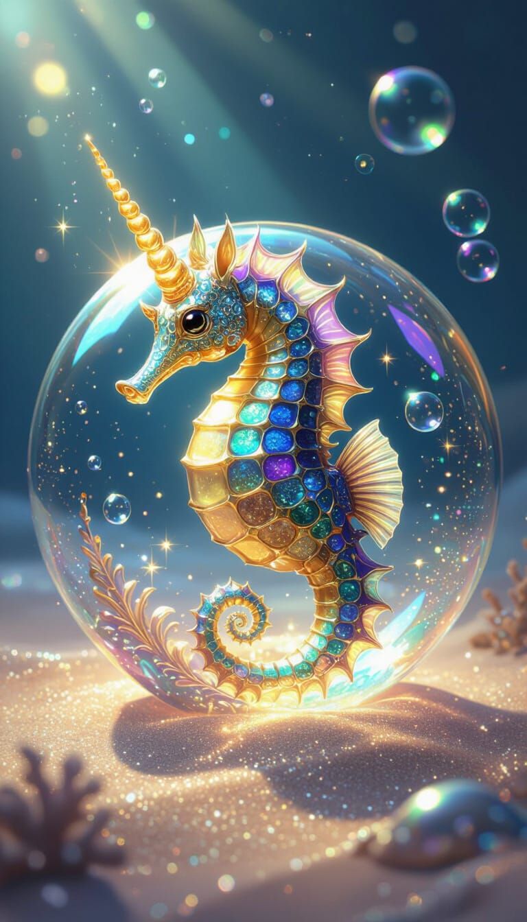 Gleaming Seahorse with Unicorn Horn in Orb