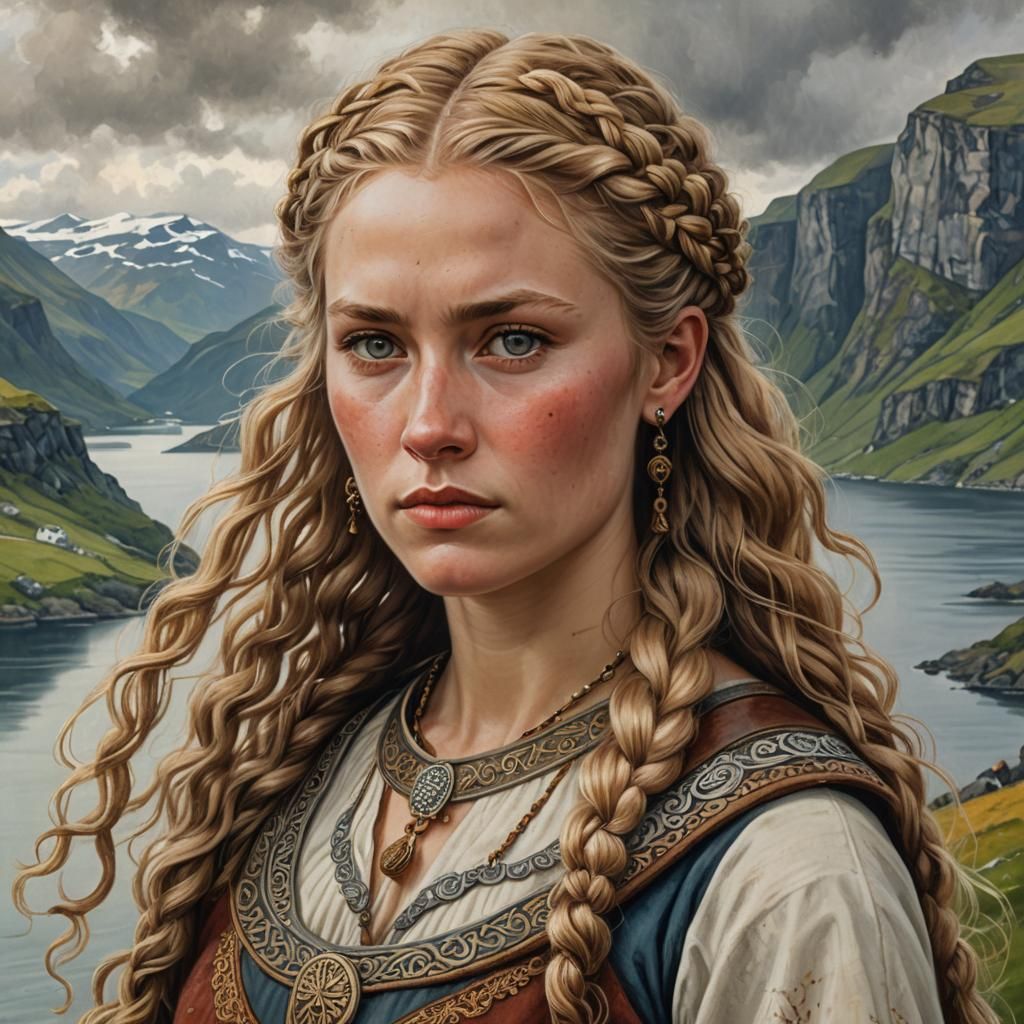 Viking Woman Portrait in Realistic Oil Painting Style