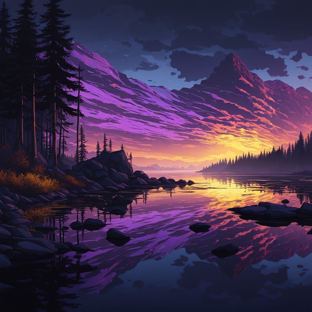 Dark Fantasy Lakeshore Reflection in Vibrant Hues