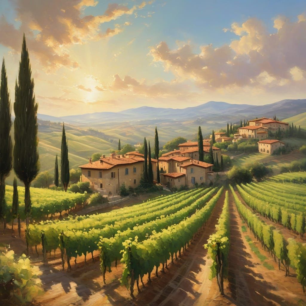Tuscan Vineyard Landscape in Vibrant Oil Painting