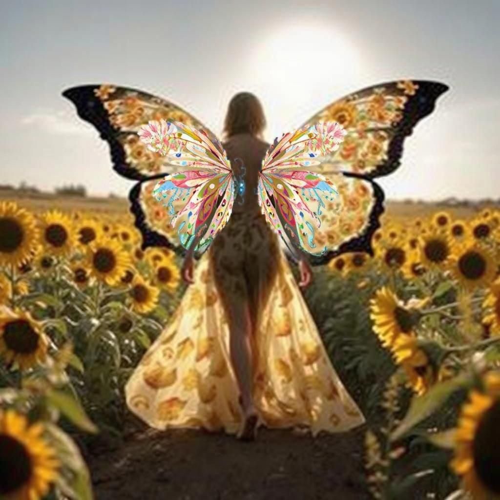 Girl's Butterfly Transformation in Floral Field