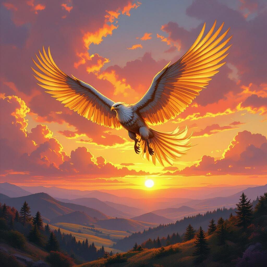 Griffin Soaring Through Sunset Sky, Fantasy Art