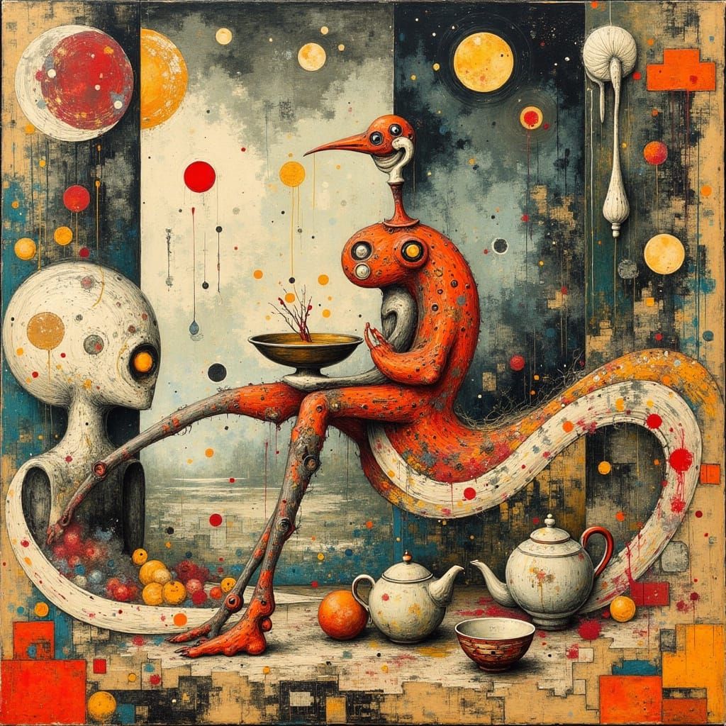 Abstract Robot Tea Ceremony in Spiritualist Style