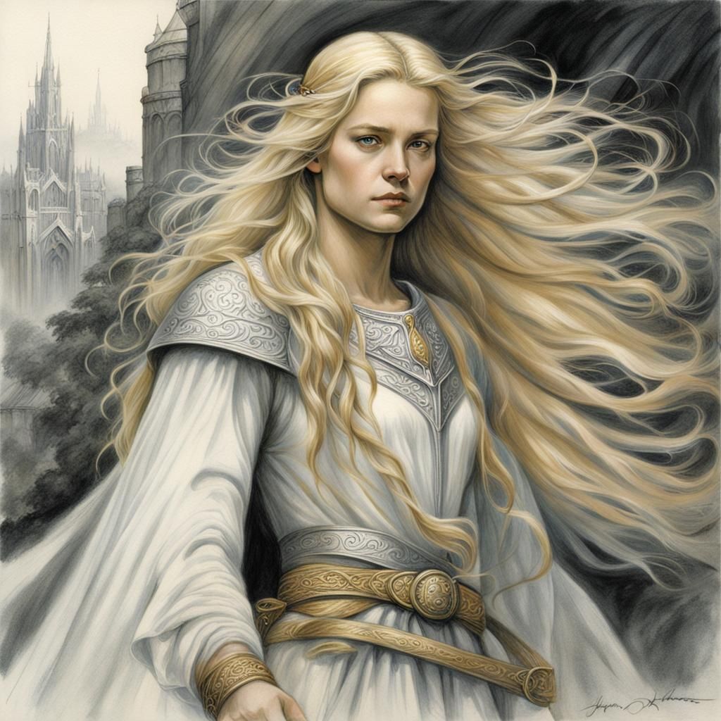Eowyn in White Dress, Charcoal Fantasy Art