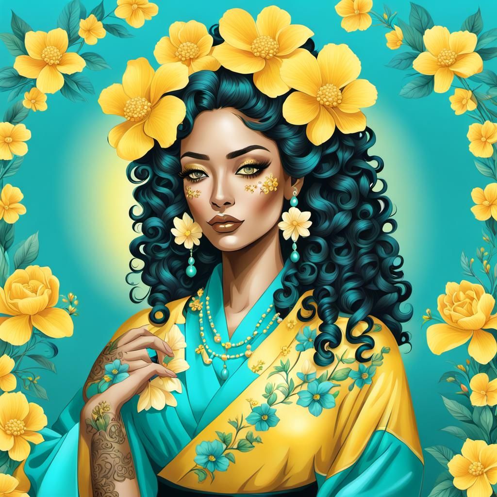 Latina Woman with Flowers and Coffee: Digital Illustration