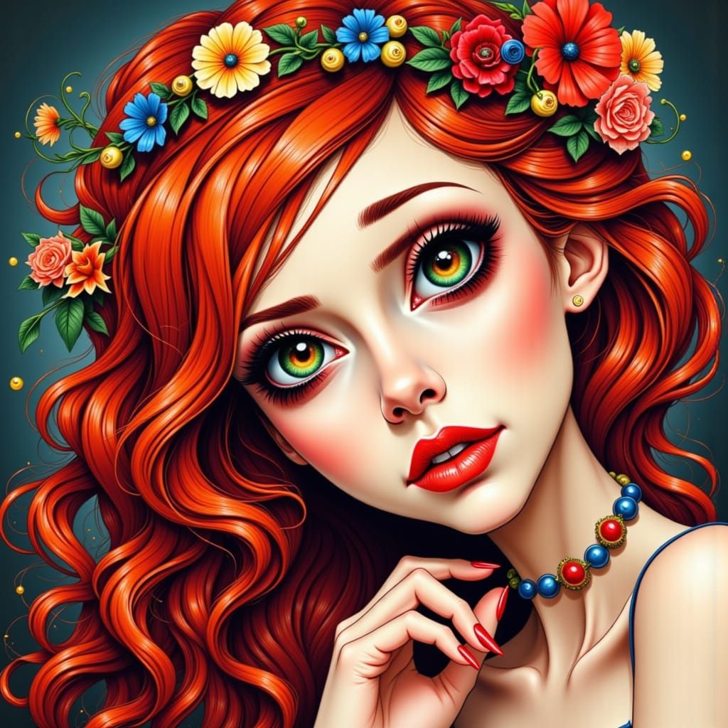 Whimsical Caricature Art of a Dark Redhead Beauty