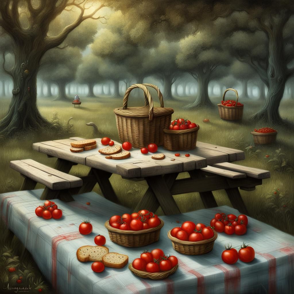 Detailed Picnic Table Still Life in Maximalist Style
