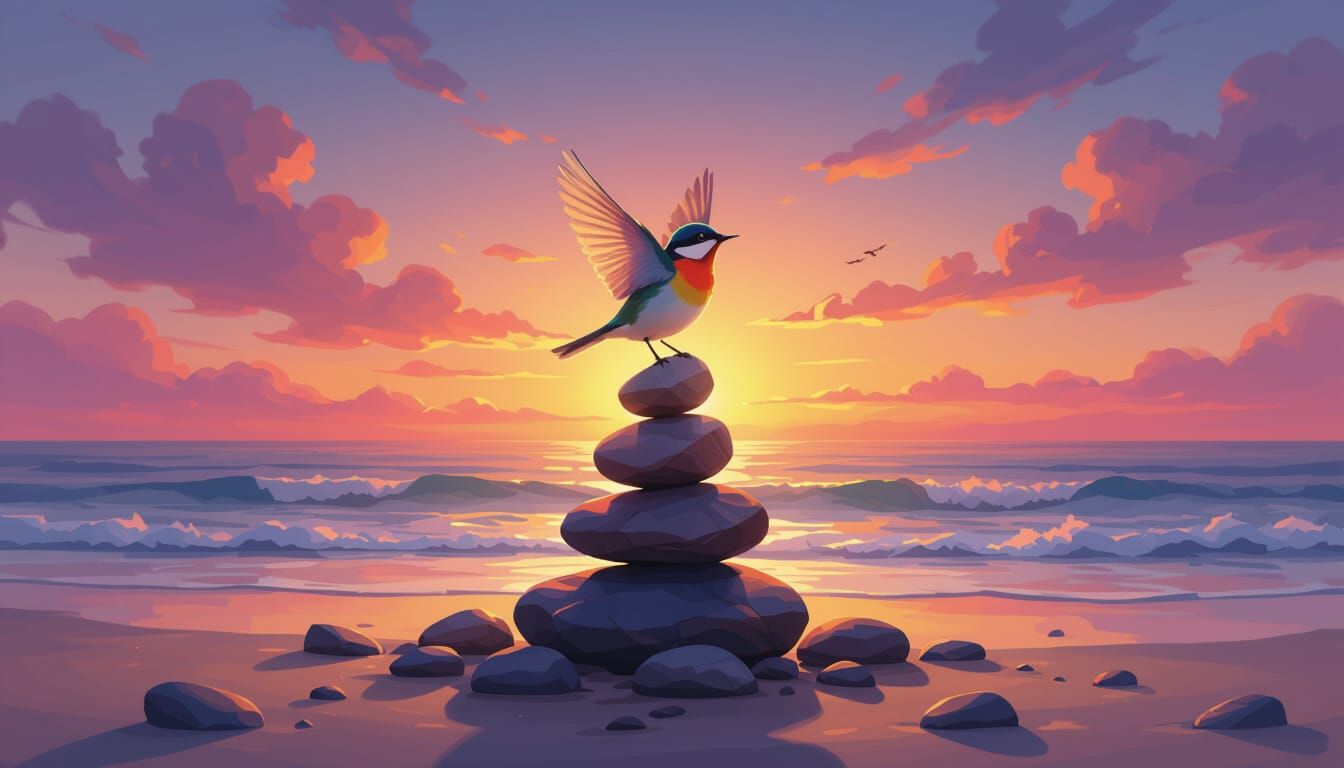 Bird Dances on Stone Pyramid at Sunset Beach