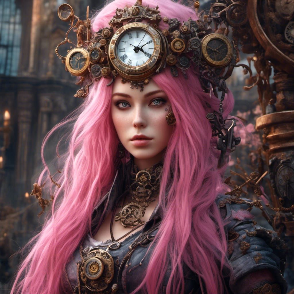 Clockpunk Woman with Pink Hair in Hyperreal Detail