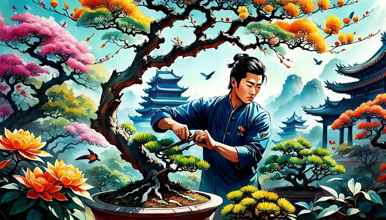 Chinese Gardener Pruning Bonsai in Qing Dynasty Garden