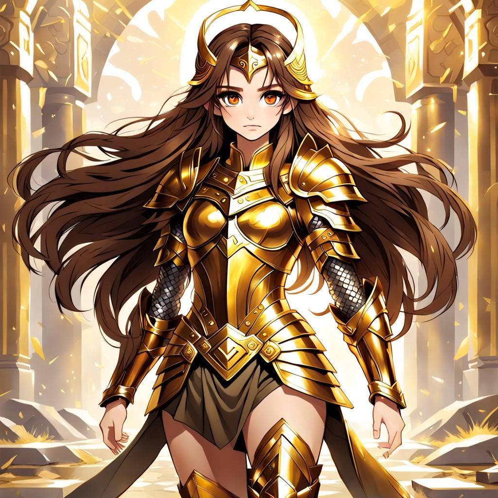 Goddess with Golden Armor and Brown Hair