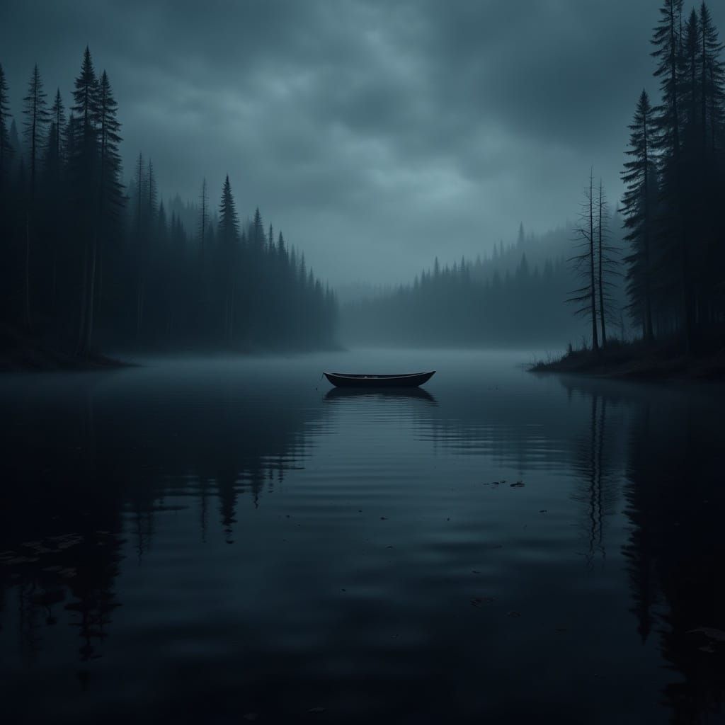 Lonely Boat on Spooky Lake in Dark Art Style