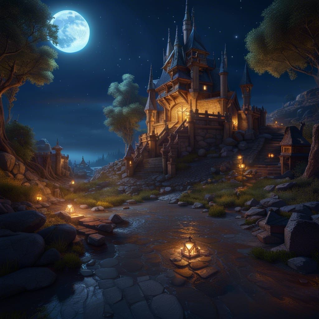 Fantasy Knights Camp Under Moon in Dark Style