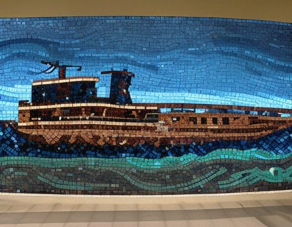 Very large artisanal mosaic of shipwreck titanic underwater, by JASON DUSSAULT