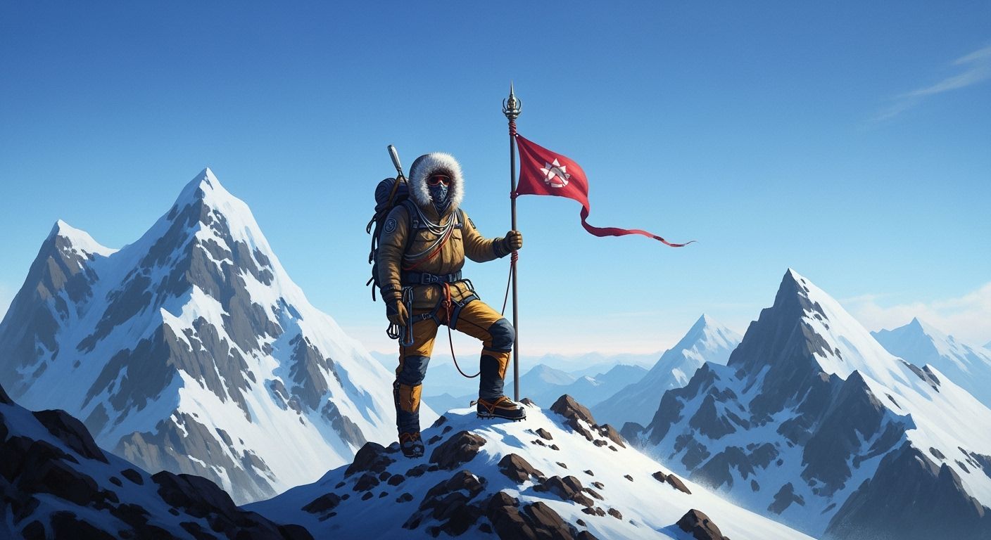 Triumphant Climber on Snowy Peak in Fantasy Art Style