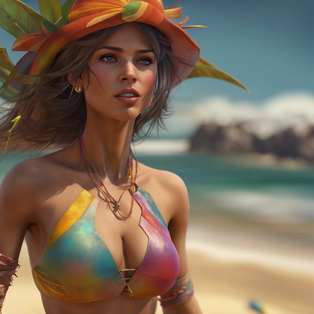 Beautiful Woman in Bikini on Beach: Fantasy Art