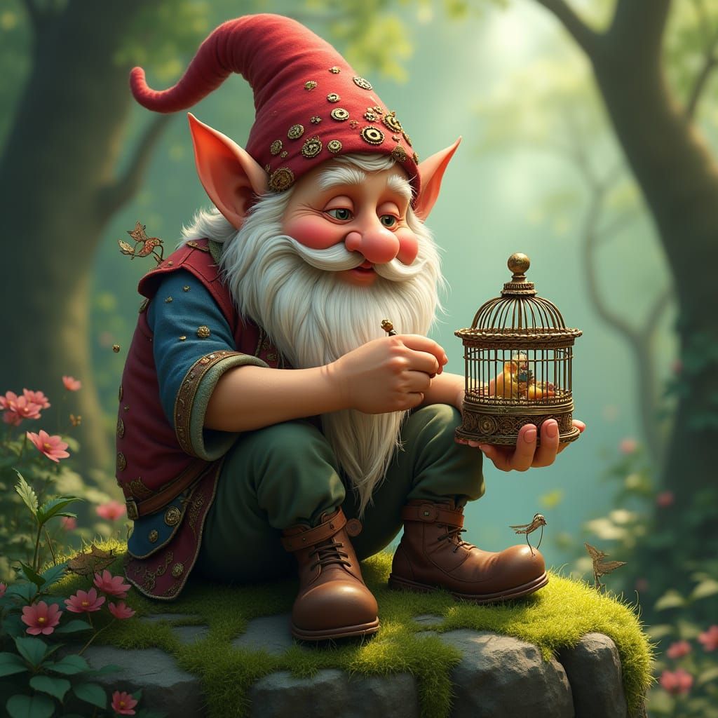 Whimsical Gnome Polishing Ornate Birdcage in Enchanted Fores...