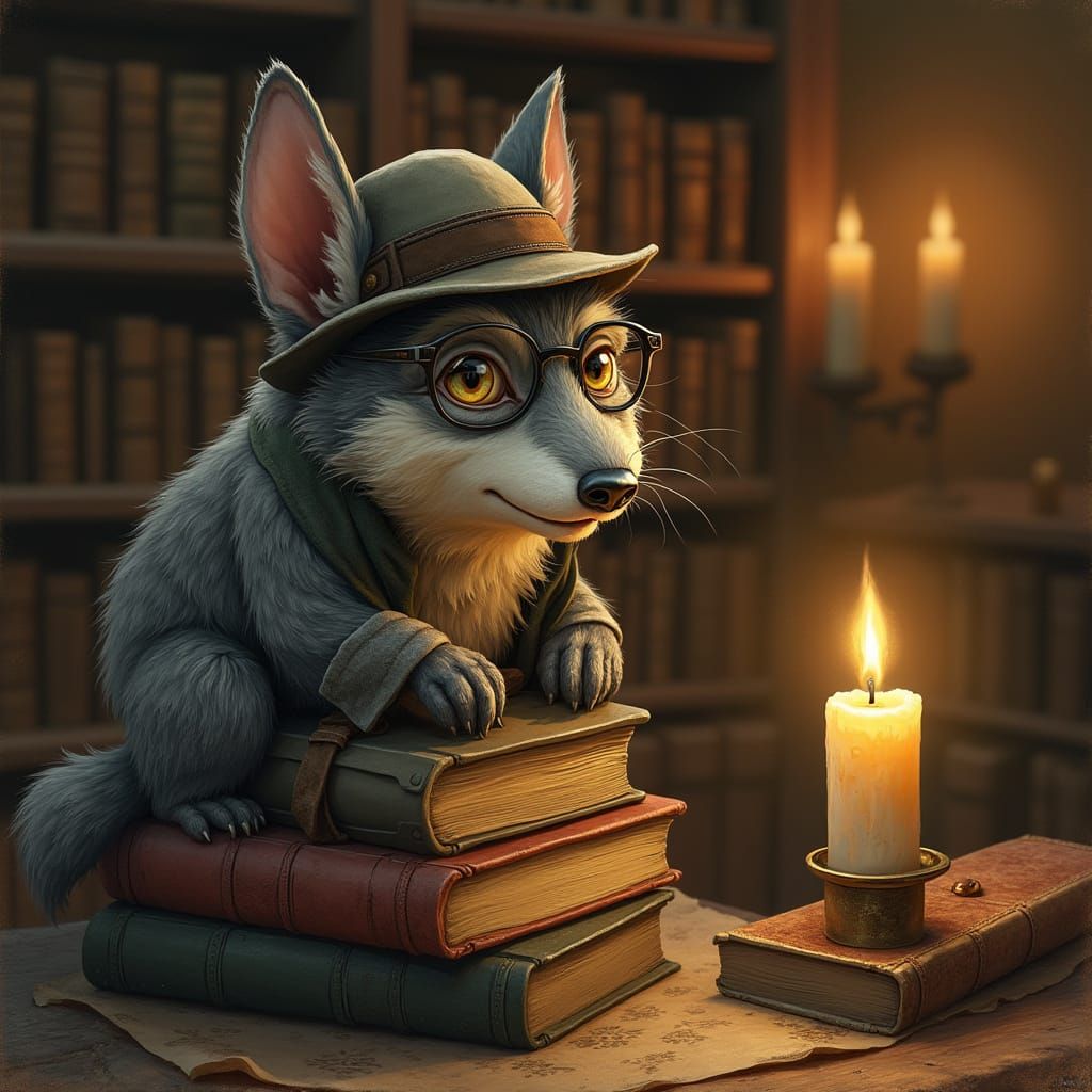 Wise Wolf in Bowler Hat in Beatrix Potter Style