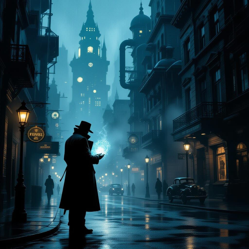 Detective in Steampunk City Under Dramatic Noir Lighting