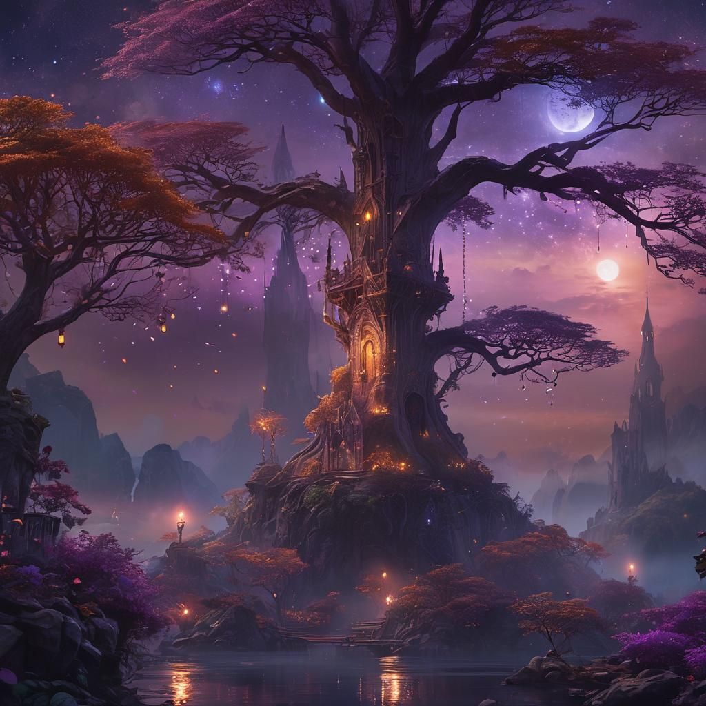 Ethereal Elven City on Giant Tree in Fantasy Painting