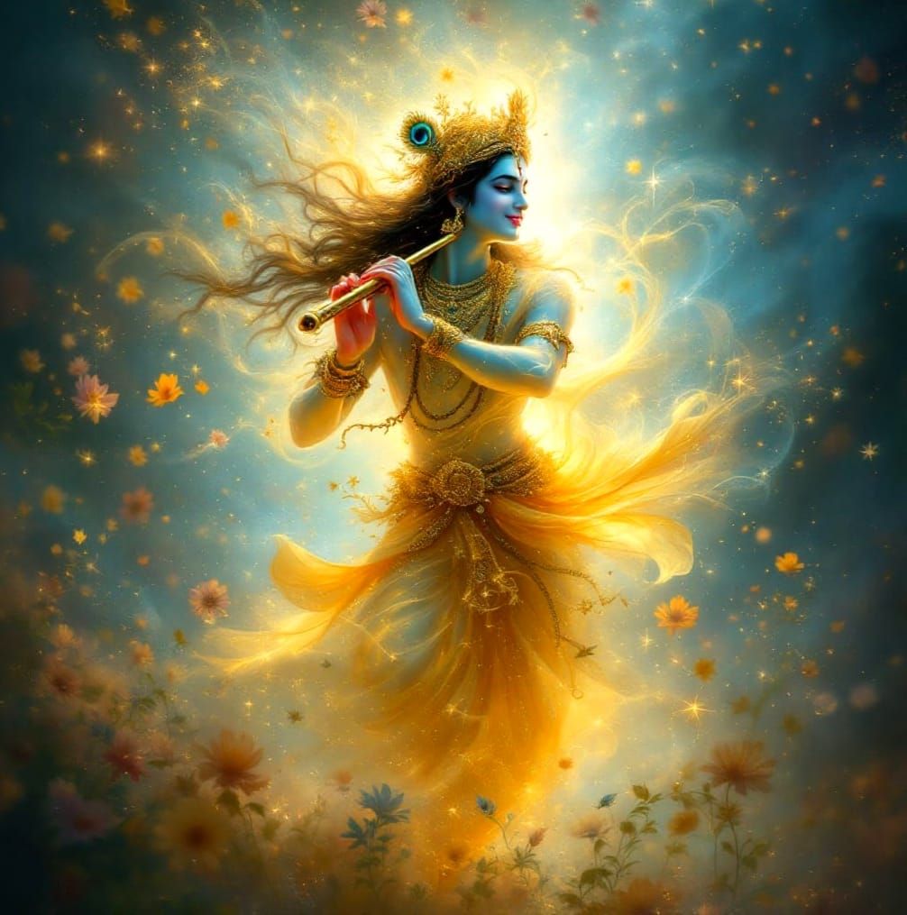 Ethereal Fantasy Krishna Emerges from Floral Whirlwind