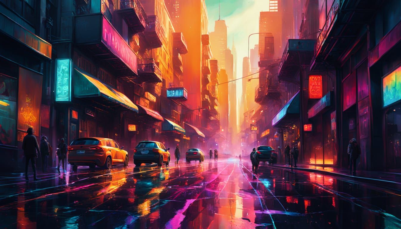 Vibrant Oil Painting of a Futuristic City at Night