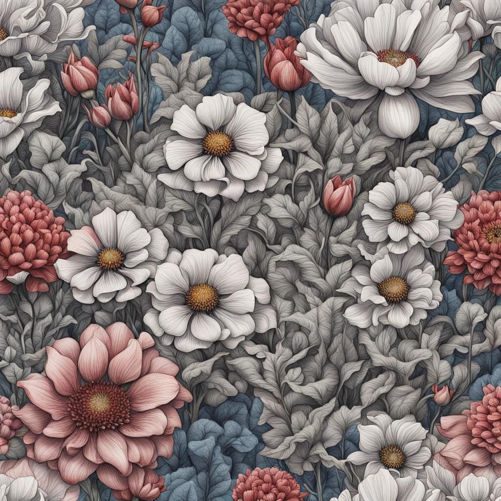 Hyperrealistic Botanical Flowers in Ink Drawing Style